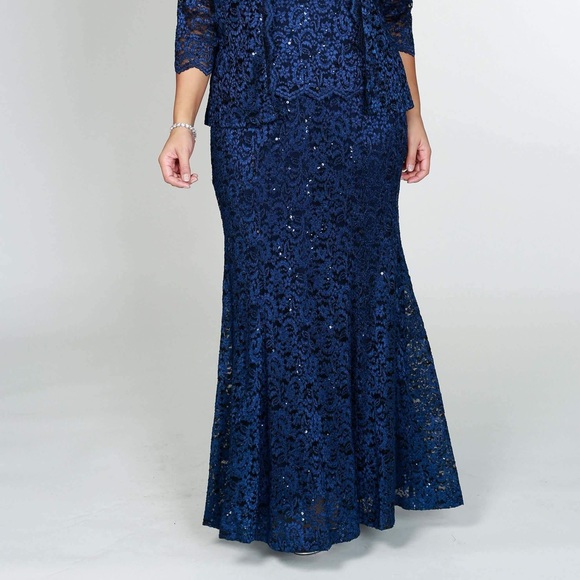 R&M Richards Long Mock Lace Jacket Dress, Navy Evening Gown, Size 6 New w/Tag - Picture 8 of 11